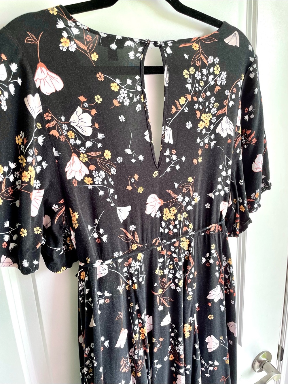 TORRID Black Floral Faux-Wrap Midi Dress with Blush and Mustard Accents - Picture 4 of 6